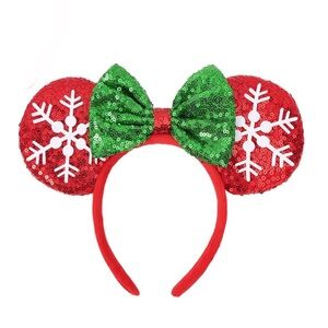 Christmas Minnie Mouse Ears Headband Red & Green Sequins W/ Felt Snowflakes